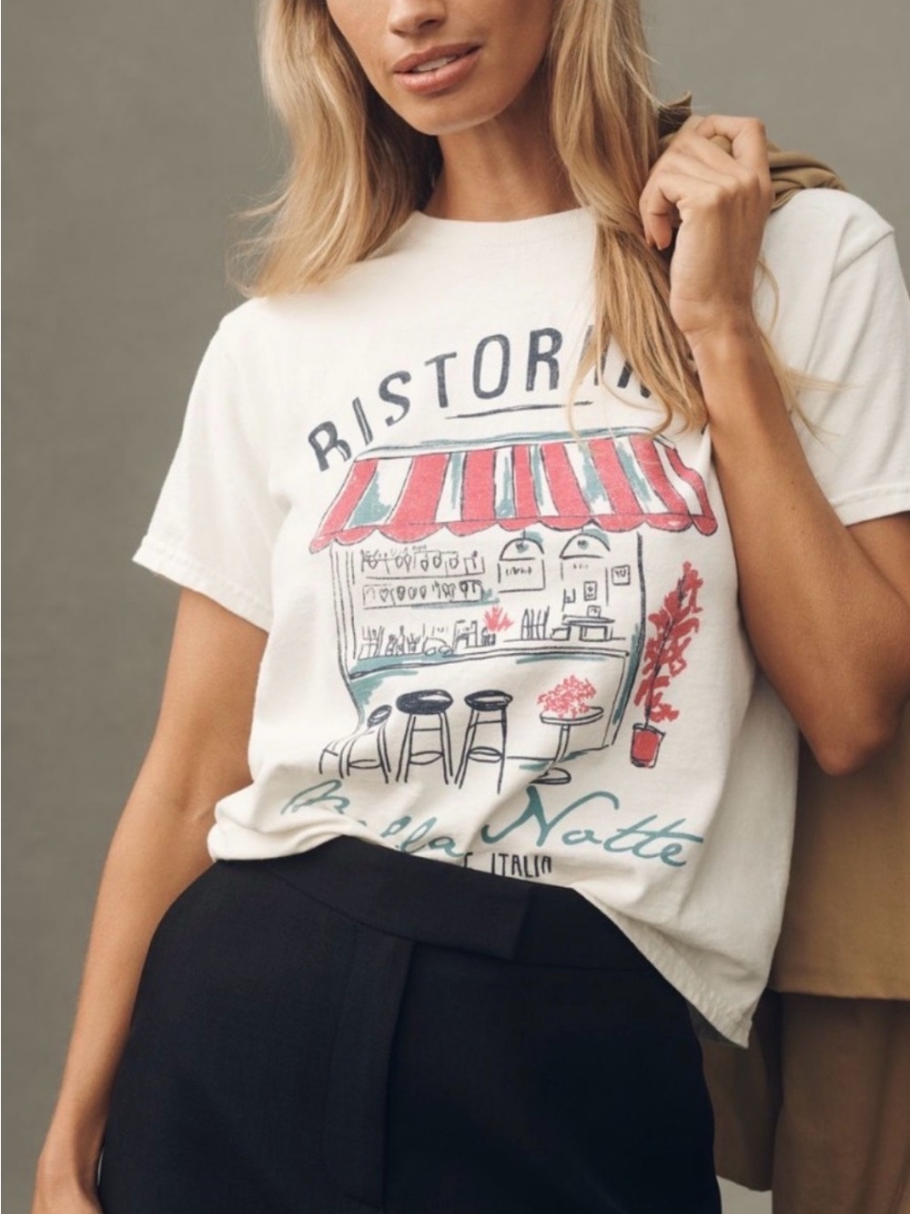 Anthropologie White Graphic Tee with Red and Teal Café Illustration